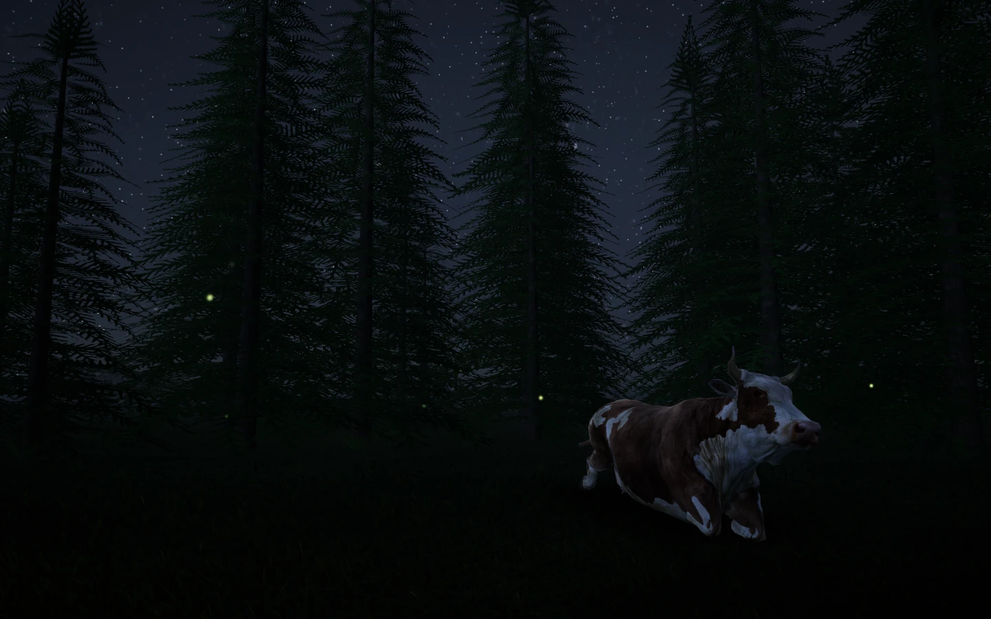 A cow lying among dark pines at night, fireflies around.
