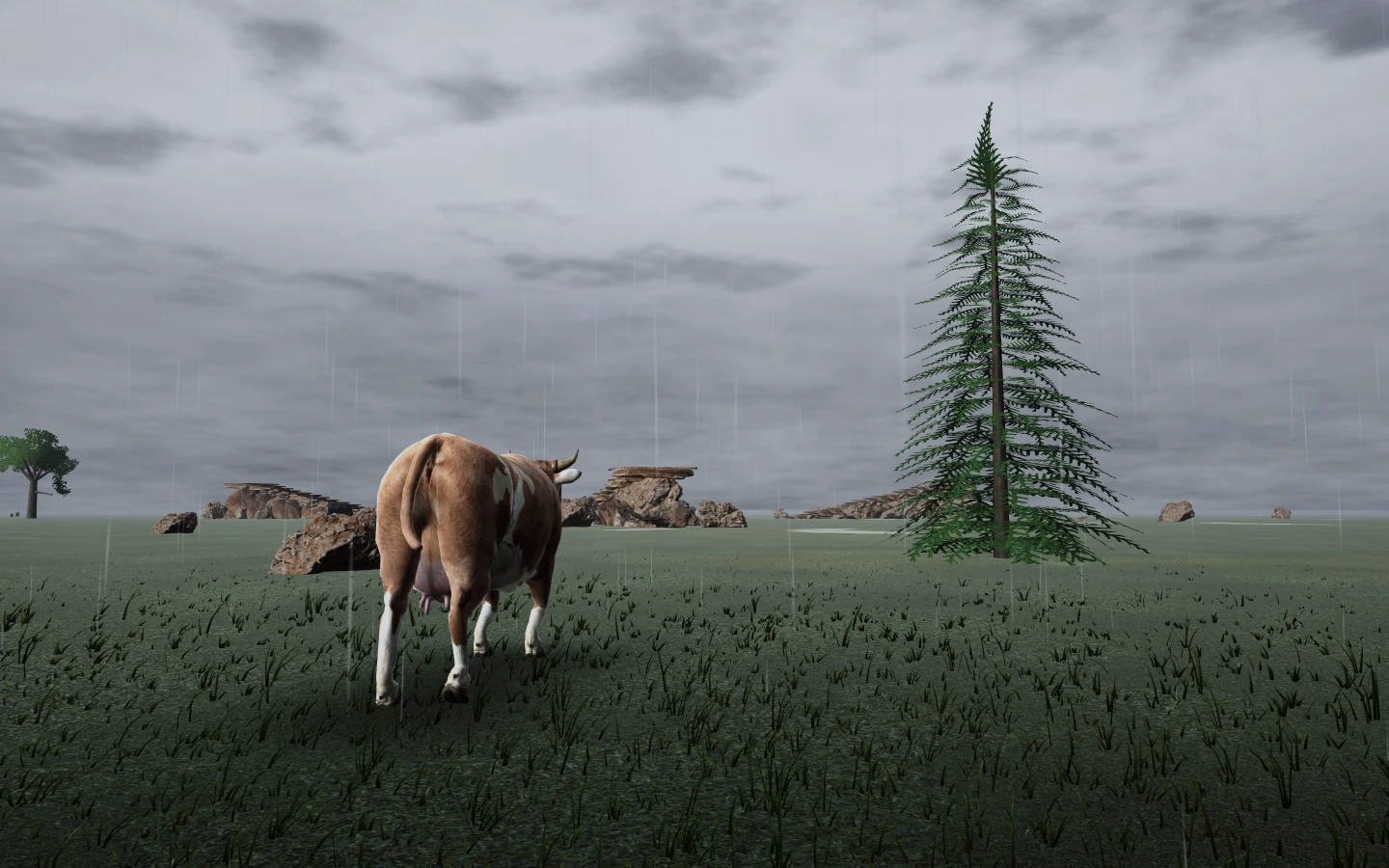 A cow in the rain under a grey sky.